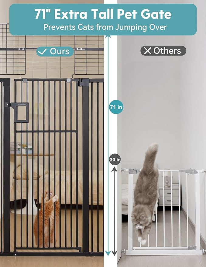 No Pawblems 71" Extra Tall Pet Gate for Cat, 29-43" Auto Close Cat Gate for Doorways/Stairs/Hallways, NO Drilling Pressure Mounted Tall Dog Gate Indoor, 1.37" Pet-Safe Gap, Black