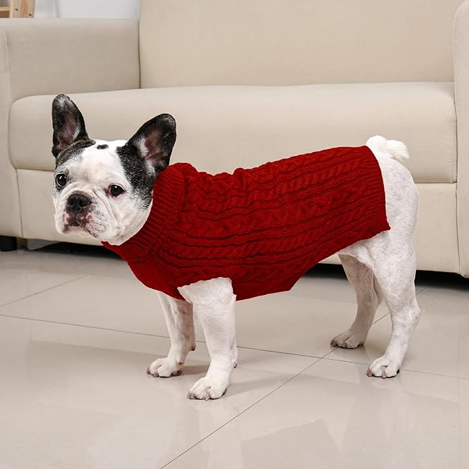 2 Pack Dog Sweaters for Medium Dogs Winter Turtleneck Pullover Cable Knit Fleece Stretch Frenchie Dachshund Pug Corgi Beagle Boy Girl Pet Clothes (L, Pink & Red)