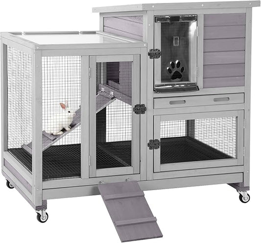GUTINNEEN Rabbit Hutch Indoor Rabbit Cage with Wire Mesh Floor and Wheels Outdoor Bunny House 2 Story Guinea Pig Cage with Leakproof Asphalt Roof (Higher Version)
