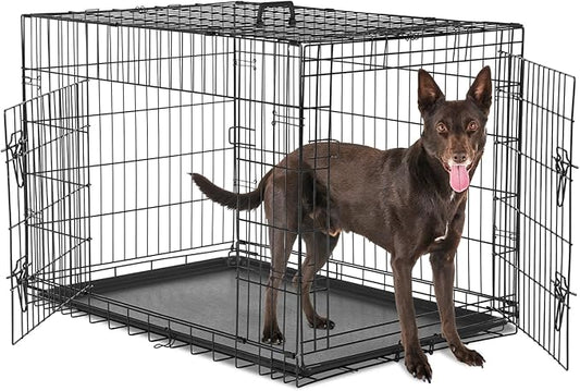 Sweetcrispy Large Dog Crate, 36 Inch Double Door Folding Metal Wire Dog Cage with Plastic Leak-Proof Pan Tray, Pet Kennel for Indoor, Outdoor, Travel