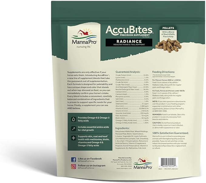 Manna Pro AccuBites Radiance Equine Supplement – Skin & Coat, Essential Vitamins & Hoof Health for Horses – Packed with Omega 3, 6, & Biotin – Main & Tail Maintenance – Alfalfa Flavored – 7.5 lbs