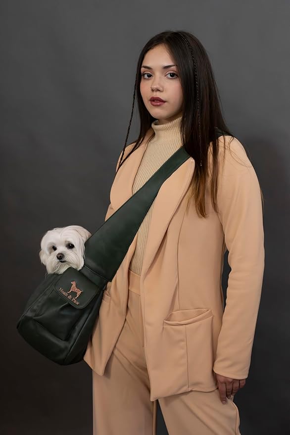 Noah & Paw Dog Sling Carrier for Small Dogs 5-18lb, Dog Sling for Small Dogs and Cats, Dog Carrier with Adjustable Padded Strap, Vegan Leather Lined with Fur, Double Safety Feature, Machine Washable