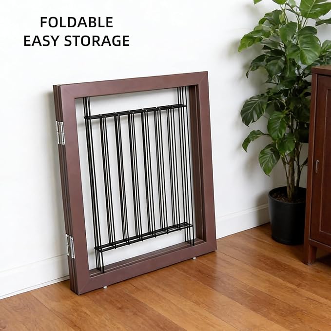 ZJSF Freestanding Dog Gate Indoor, Foldable Dog Fence for Doorways,Hallways or Stairs, Sturdy Wood Extra Wide Pet Gate with Support Feet,Brown,32 "Height-3 Panels