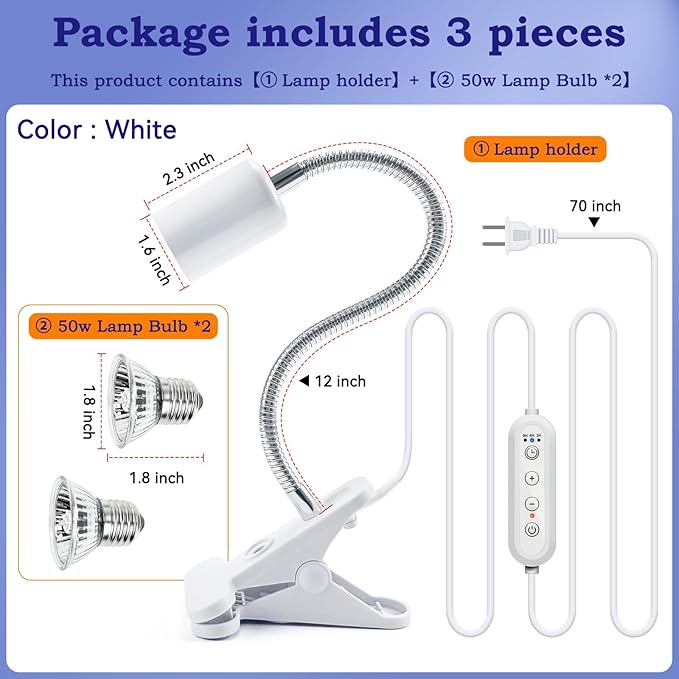 Timed Heat Lamp with Dual 50W UVB UVA Bulbs for Reptiles, Turtles, Tortoises, and Puppies: Adjustable Heat Switch, 360° Adjustable Angle, Strong Clips, Ideal for Aquarium Tanks and Basking