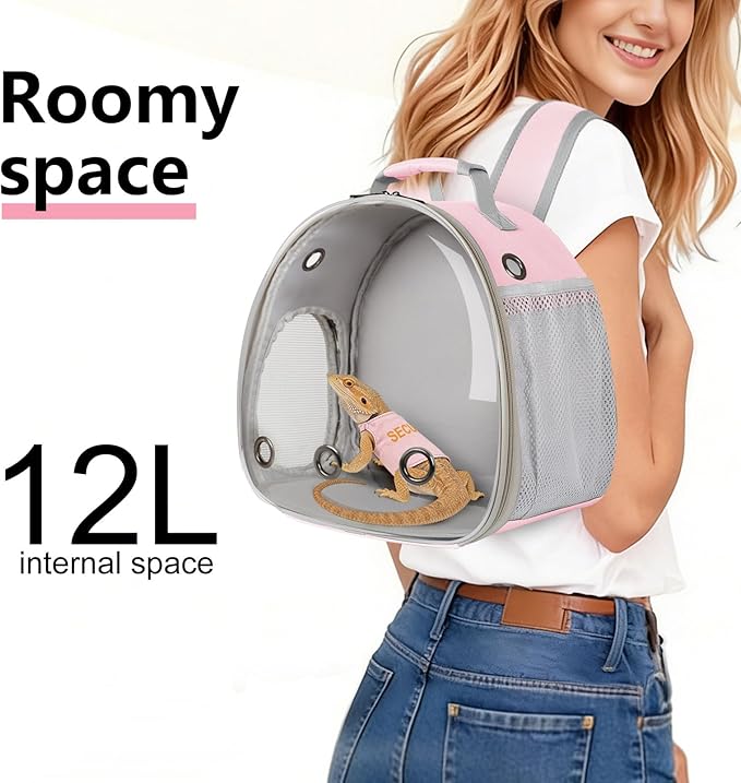 Bearded Dragon Carrier Backpack with Security Printing Harness Set, Reptile Lizard Travel Carrier (Pink, Security Harness)