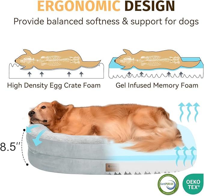 Orthopedic Jumbo Dog Bed for Extra Large Dogs, Giant Waterproof Dog Bed for Large Breed Dogs, Supportive Egg Crate Foam Pet Bed with Removable Washable Cover & Non-Slip Bottom, Silver