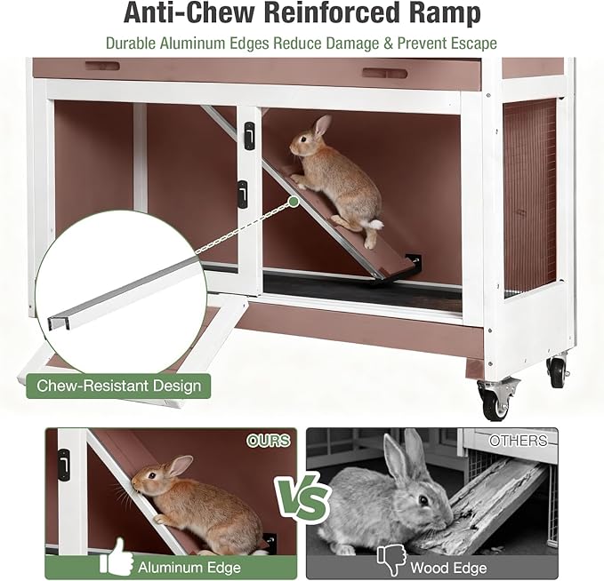 Rabbit Hutch Indoor Outdoor, Large Bunny Cage with Wheels, 2-Tier Wooden Rabbit Cage, Chew-Proof Ramp with Metal Edges, Dual Pull-Out Trays, Bunny House for Rabbits & Guinea Pigs
