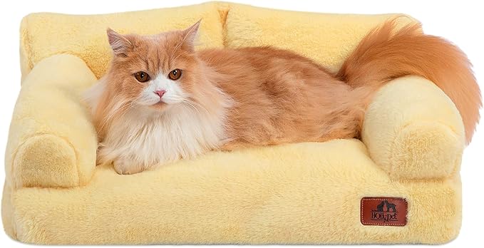 Hollypet Fluffy Dog Cat Bed Pet Couch Beds Plush Soft Warming Washable Puppy Bed for Small Medium Dogs and Large Cats, Yellow, 24" L x 18" W x 10" Th