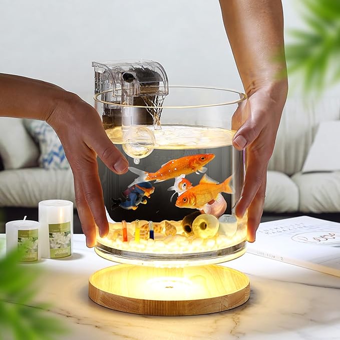Aquarium Starter Kits 0.81-Gallon Fish Tank（6 inches） for Beginner Cylindrical Betta Fish Bowl with Wooden Base LED Light Water Pump Accessories Self-Cleaning Filter Copyright Patent