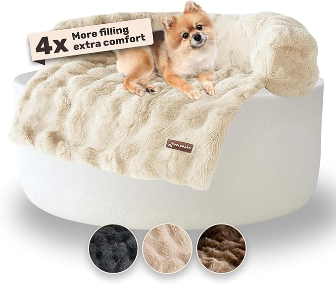 Pelsbarn Dog Bed for Couch, Luxurious Sofa Bed for Dogs with Non-Slip Oxford Bottom - Faux Rabbit Fur with Removable Cover, Small, Beige - 28x28 in