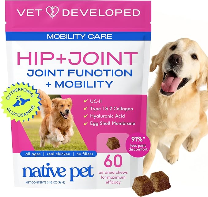 Native Pet Mobility Care - Hip & Joint Supplement for Dogs - UC-II Collagen, Egg Shell Membrane & Hyaluronic Acid - Dog Joint Supplement Chews Supports Cartilage, Mobility & Flexibility - 60 Chews