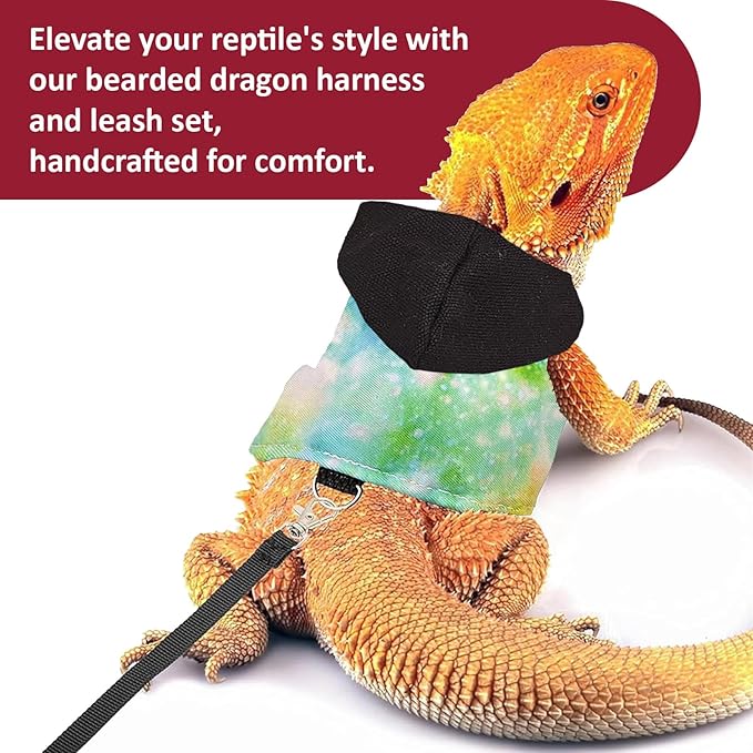 Bearded Dragon Lizard Hoodie Leash Suit Reptile pet Outdoor Chest Harness Chameleon Squirrel Leash Hooded Clothes Suitable for Bearded Dragon Lizard Reptiles（Black hat）