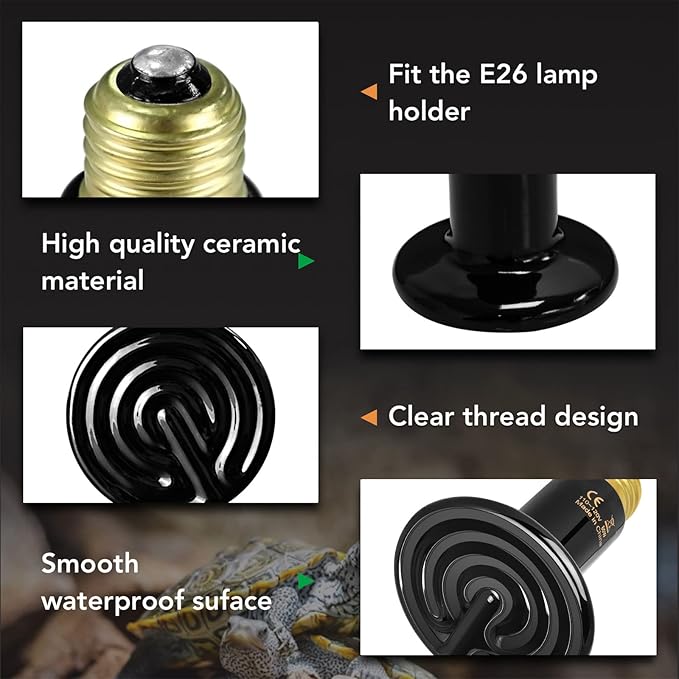 Simple Deluxe Ceramic Heat Emitter Reptile Heat Lamp Bulb 60W 2-Pack, No Light Emitting Brooder Coop Heater for Amphibian Pet Terrariums Habitat, Snake/Lizard/Spider, Incubating Chicken,Black