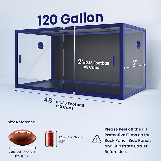 Phailozoo 120 Gallon Bearded Dragon Tank, Stackable Reptile Enclosure with Front Sliding Tempered Glass Doors, Easy Assembly Aluminum Frame Reptile Tank for Snake & Lizard