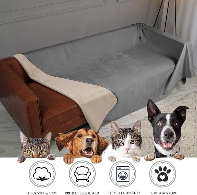 Ameritex Pet Bed Blanket Reversible 100% Waterproof Velvet Super Soft for Sofa and Bed (82x82 Inches, Light Grey+Beige)