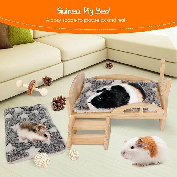 BWOGUE Wooden Guinea Pig Bed with Stairs and Mat, Washable Soft Fleece Small Animal Bed Guinea Pig Platform Bed for Hamsters Dwarf Rabbits Chinchilla Squirrel Hedgehog Habitat
