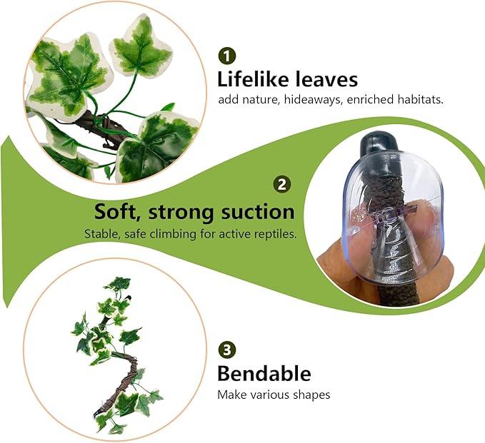 BNOSDM 2PCS Reptile Climbing Branch, Bendable Jungle Vine with Leaves Terrarium Plant Decoration with Suction Cup Chameleon Cage Accessories for Gecko Lizard Bearded Dragons Snake (White Vein Ivy)