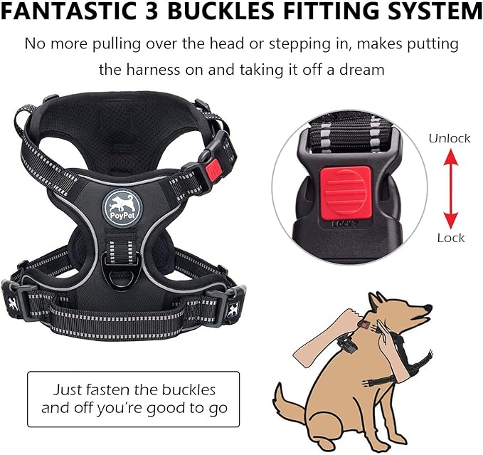 PoyPet Dog Harness No Pull, Reflective Adjustable No Choke Pet Vest with Front & Back Clips, Soft Padded and Control Training Handle for Large Dogs(Black,XL)