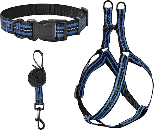 Mile High Life Night Reflective Double Adjustable Band Nylon Small Puppy Pet Dog Combo Collar Leash and Harness Set (Reflective Stripe Blue, Large (Pack of 3))