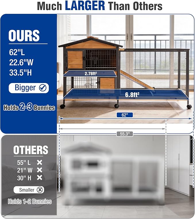 Large Rabbit Hutch Indoor with Chew-Proof Full Metal Frame, Bunny Cage Outdoor with 2-Story Guinea Pig Cages with 6 Wheels, 3 Pull-Out Trays, Waterproof Asphalt Roof, 62" L - Orange