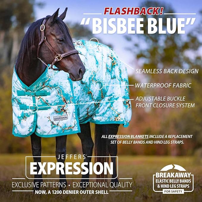 Jeffers Expression 1200 Denier Standard Neck Turnout Blanket for Horses, 75" - Water Proof, Breathable, 240 gram Polyfill for Medium Weight Warmth, Winter Protection for Stall, Barn – Bisbee Blue