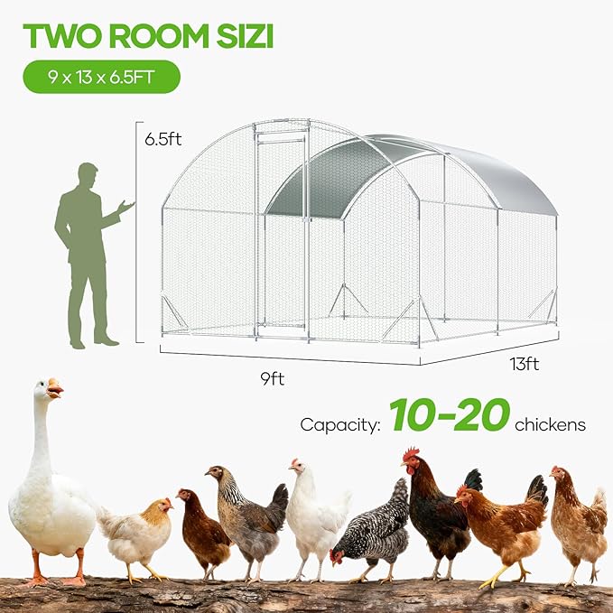 Assark Large Metal Chicken Coop,10x13 FT Walk in Chicken Runs with Cover for 20 Chickens,Hen House Enclosure with Security Lock, Outdoor Duck Rabbit Cage Poultry Pens for Backyard,Farm,Yard