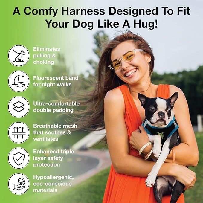 EcoBark Step in Dog Harness - Eco-Friendly Dog Harnesses for for Small & Medium Breed Dogs - Reflective and Adjustable Chest Body Halter Vest -Soft Luxurious Mesh (Black and Teal, XL)