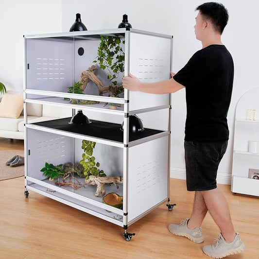 120 Gallon PVC Reptile Enclosure 48"x24"x24" 2-Pack – Stackable Space-Saving Tank with Front Sliding Glass Doors & Lock for Bearded Dragon, Snake, Gecko (White Panels)
