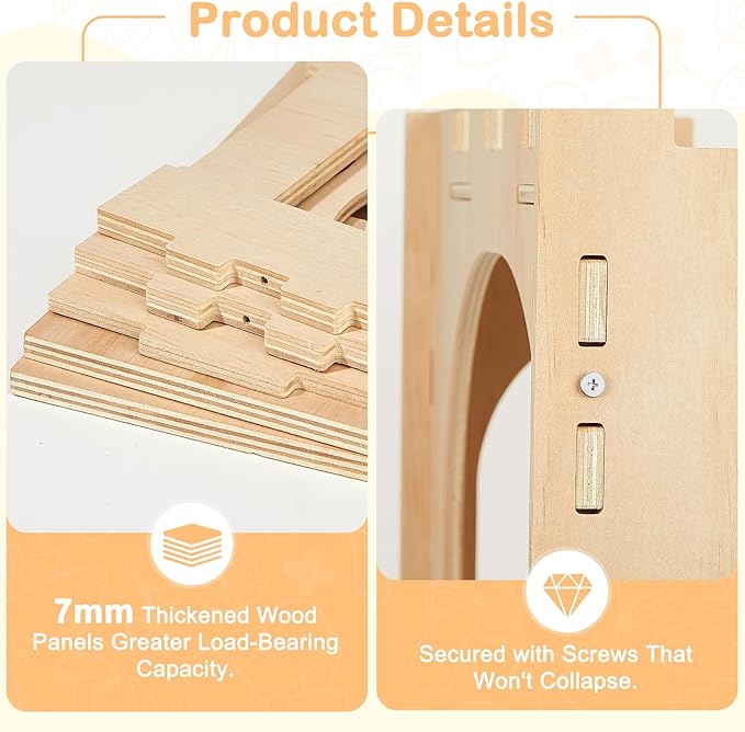 Glittme Wooden Rabbit Castle Hideout - Large Indoor Bunny House & Guinea Pig Hut with Roof Platform Bed Enrichment Cage Accessories for Chinchilla Ferret (Mat Included)