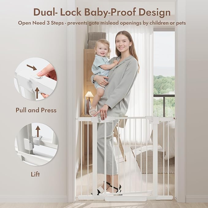 29-43" Baby Gate for Stairs, 30" Tall Stair Gate Indoor, Baby Gates Pressure Mounted with Auto-Close/Hold-Open and Anti-Trip Pedal, Safety Dog Gate for Stairs Doorways, White