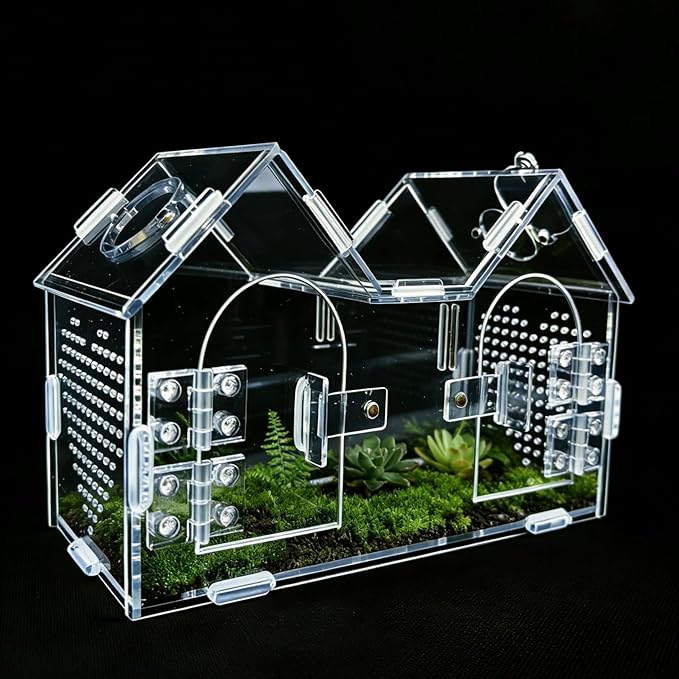Jumping Spider Enclosure, Dual Magnetic Doors & Observation-Feeding Windows, Acrylic Reptile Habitat Kit, Pet Terrarium for Spiders, Tarantulas, Snails, Lizards & Small Reptiles (9.6×4.2×5.8 inches)