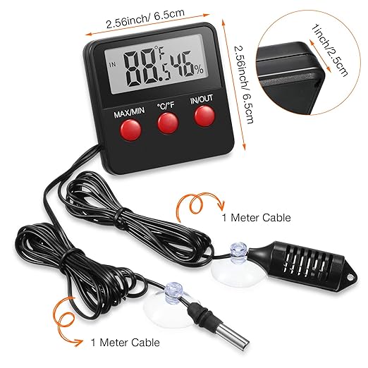 Weewooday 4 Pcs Reptile Thermometer and Humidity Gauge Reptile Terrarium Thermometer Hygrometer with Probes Indoor Outdoor Digital Pet Temperature and Hygrometer Gauge for Pet Keeping