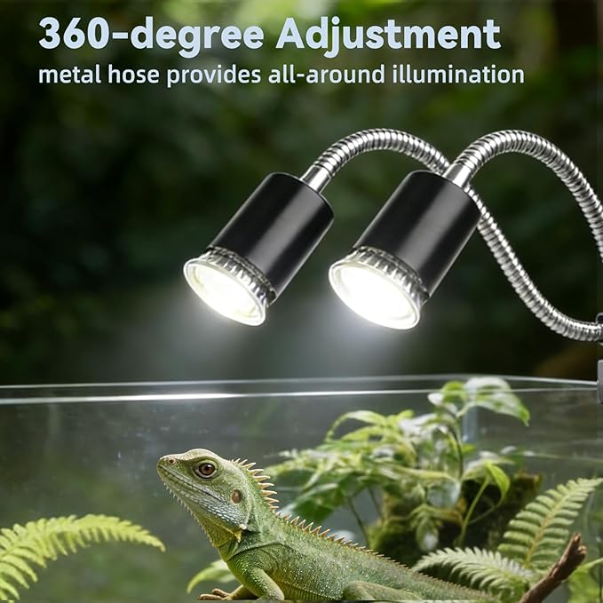 BNOSDM Reptile Heat Lamp, Dual-Head UVA UVB Light for Aquarium Turtle Tank, Reptile Lamp Fixture with 2*50W Basking Light and 360° Rotatable Timing & Dimming, Tortoise Heat Lamp for Lizard Snake Chick