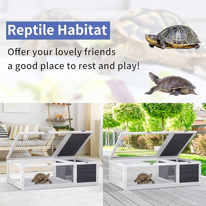 Tortoise Habitat, Large Wooden Box Turtle Enclosure with Removable Tray, Indoor Outdoor Tortoise House Reptile Cage for Small Animals,Easy to Assemble