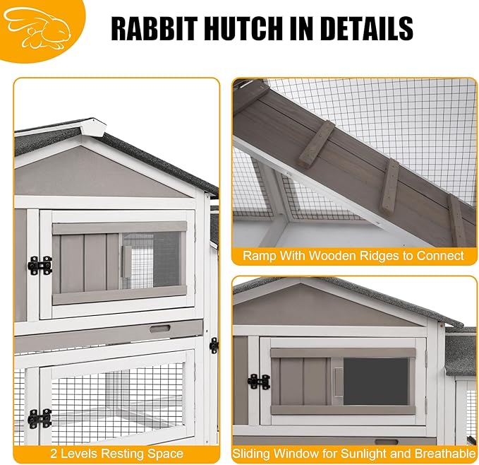 PetsCosset 114" L Rabbit Hutch Indoor and Outdoor 2-Story Rabbit Cage with Pull Out Tray,Fir Wood Guinea Pig Cages with Wooden Ramp,Waterproof Bunny Cage Indoor Bunny Hutch with 2 Asphalt Roofs,Grey