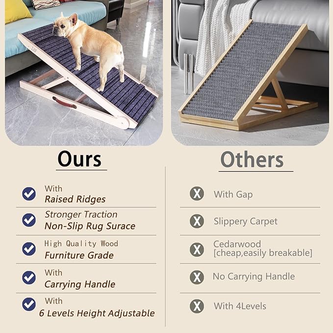 ZJSF Foldable Dog Ramp for High Bed, Wooden Dog Stairs to Bed for Small and Large Dogs, High Traction Platform with 6 Adjustable Heights (12.2"-26"), 39.7", Supports up to 230 lbs
