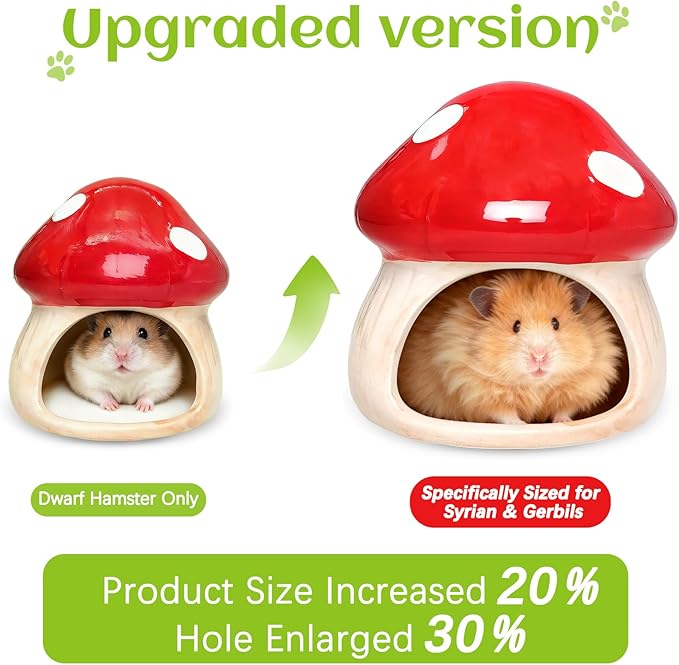 BNOSDM Ceramic Hamster Hideout Cute Mushroom Shape Hamster House and Habitat Cool Hamsters Hide Suitable for Syrian, Mice, Dwarf Hamsters, Gerbils (Red)