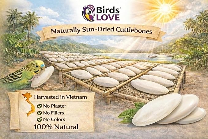 Birds LOVE 7.5-8" Cuttlebones for Birds – 100% Natural Sun-Dried Calcium & Beak Conditioning Supplement for Parakeets, Budgies, Cockatiels, Finches & Canaries – 4 lb with Holder – Made in Vietnam