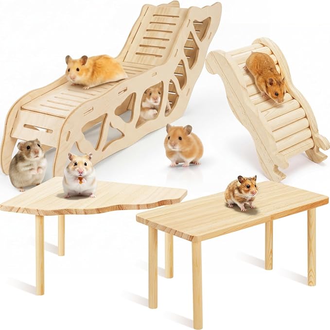 BreezeHug 4 Pcs Hamster Platform Hideout Wooden Tunnel Ladder Playhouse Hamster Game Climbing Toy with Platform Cage Accessories for Small Pets Dwarf Syrian Mice Degus Gerbils Squirrel(Tunnel)