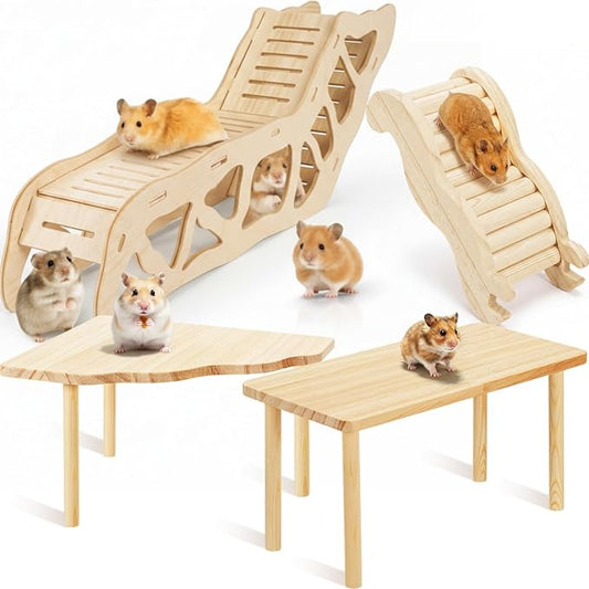 BreezeHug 4 Pcs Hamster Platform Hideout Wooden Tunnel Ladder Playhouse Hamster Game Climbing Toy with Platform Cage Accessories for Small Pets Dwarf Syrian Mice Degus Gerbils Squirrel(Tunnel)