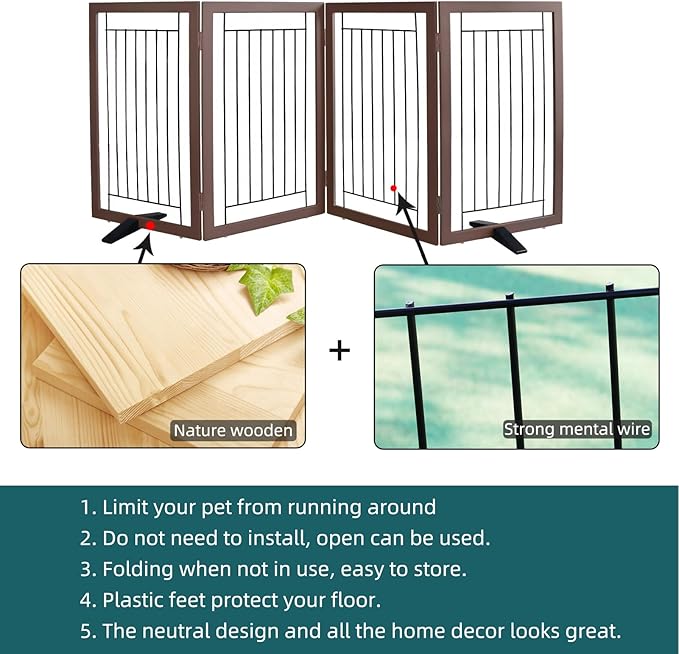 ZJSF Freestanding Dog Gate Indoor, Foldable Dog Fence for Doorways,Hallways or Stairs, Sturdy Wood Extra Wide Pet Gate with Support Feet,Brown,32 "Height-4 Panels