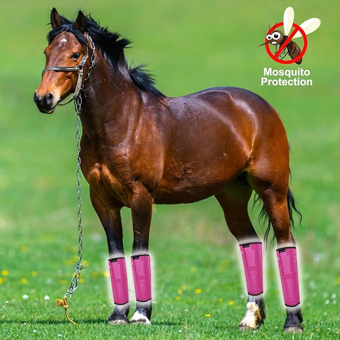 FOXLVDA Horse Fly Boots - Fly Boots for Horses Set of 4, Comfortable Horse Leggings, Mesh Material Design with Metal Support Bars for Reduces Stomping & Leg Fatigue (Pink, Medium)