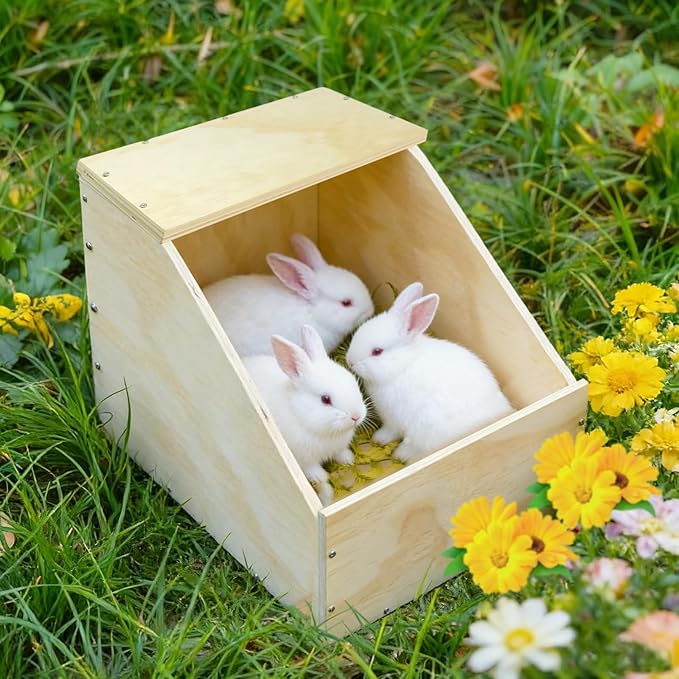 Wooden Rabbit Nesting Box, Small Animal Hutch Hideout, Breeding Shelter & Burrow Den Alternative for Rabbits, Guinea Pigs, Chinchillas or Other Small Pets(16x11x11 in)