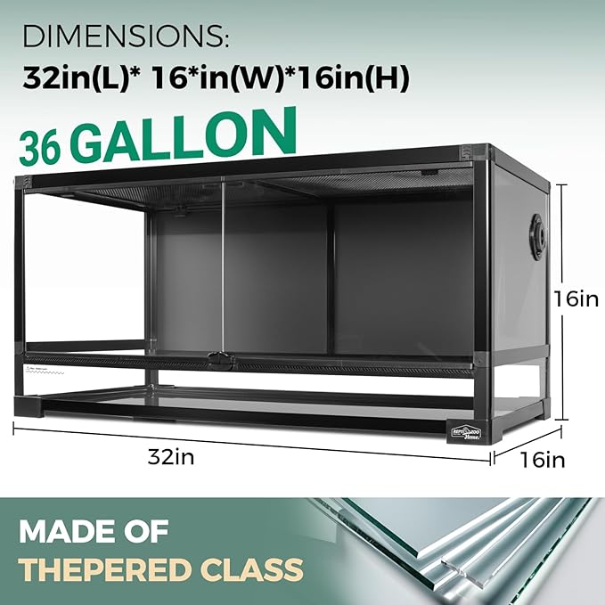 36 Gallon Full Glass Reptile Tank, Quick Fold Reptiles Enclosure with Waterproof Base, Top Screen Ventilation, 32" x 16" x 16" Front Opening Terrarium for Snake, Leopard Gecko, Lizard