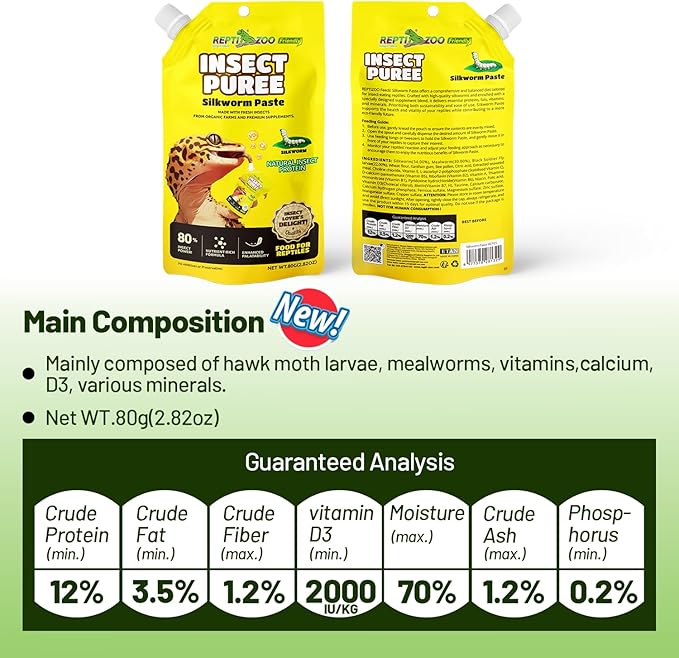 Gecko Food Insect Puree, Silkworm Paste Reptile Food Made with Fresh Insects