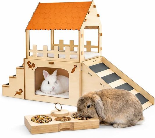 Deluxe Extra Large Wooden Rabbit Castle with Feeding Station, 2-Story Spacious Bunny Hideout House, Easy Assembly Indoor Habitat for Rabbits, Guinea Pigs and Chinchillas