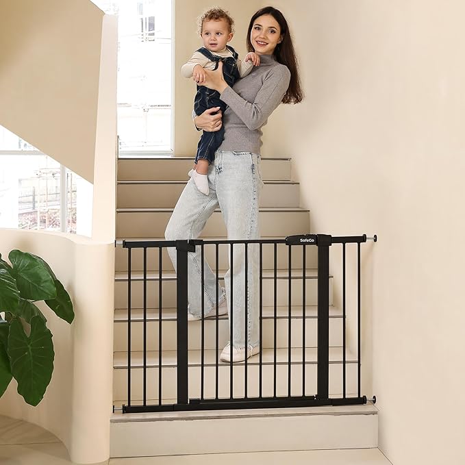 44.72"-46.89" Baby and Pet Safety Gate, 30" Tall Metal Walk-Thru Gate for Doorways & Stairs, Easy One-Hand Open, Dual Lock, Extensions & Wall Mounts Included (Brown, 29"-46" W x 30.5“H)