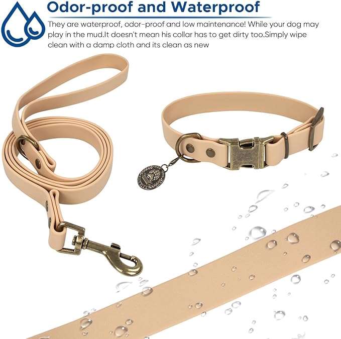 Wisedog Waterproof Dog Collar and Leash Set, Adjustable Puppy Collar with Cute Tag 5FT Dog Leash with Poop Bag for Small Medium Large Dogs (M, Sand Color)