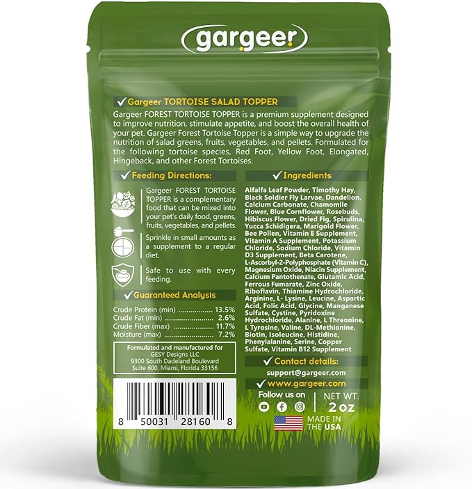 Gargeer 2oz Forest Tortoise Food Supplement, Flower Salad Mix Topper. Supercharge Juveniles & Adults Appetite, Health & Immune System. Complete Diet, Rich with Vitamins, Made in The USA. Enjoy!