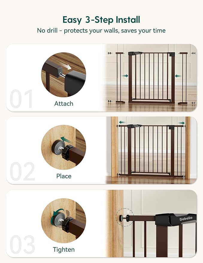 Babelio Metal Baby Gate, PressGuard P7, 29-48" Auto Close Easy Install Pet Gate, Extra Wide Walk Thru Child Safety Gate, Pressure Mounted Dog Gate for Doorways and Stairs, Brown